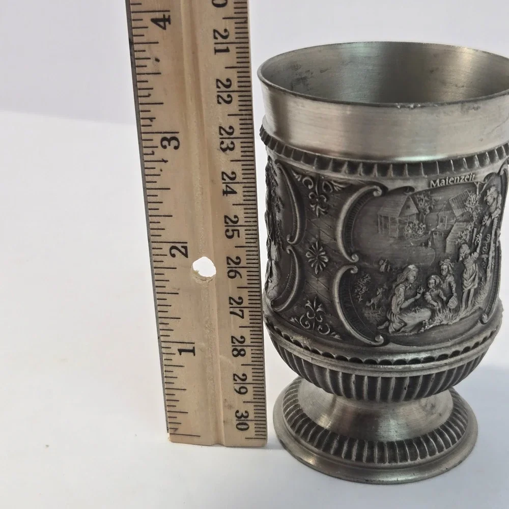 SKS Zinn 95% Pewter Cup Vintage German Relief Scenes Maienzeit Wanderschaft 4